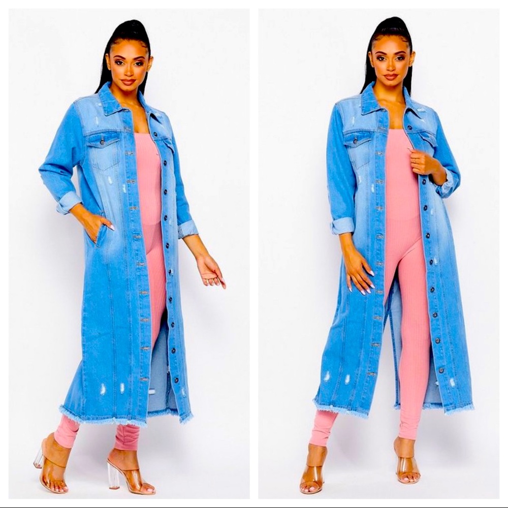 NEW FALL TRENDY BUTTON DOWN LIGHT DENIM LONG JACKET - Picture 3 of 4